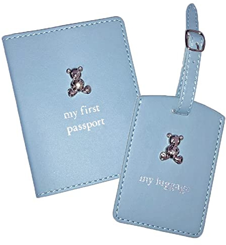 Widdle Gifts Baby's My First Passport Housse de passeport et étiquette de bagage Motif ours en peluche Bleu 4975