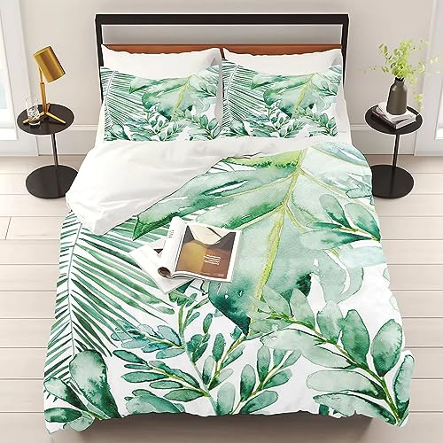 KARPIX Palm Leaf Bed Linen 135 x 200 cm Tropical Green Plant Monstera Duvet Cover Set with Pillowcase, Natural Theme Bedroom Decor (1, Single 135 x 200 cm)