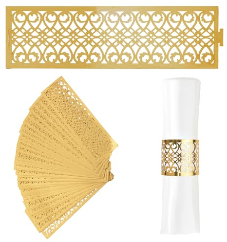 URROMA Juego de servilleteros dorados, 50 unidades, soporte para servilletas, diseño hueco para boda, fiesta, cena, decoración de mesa, eventos especiales y servicios de catering