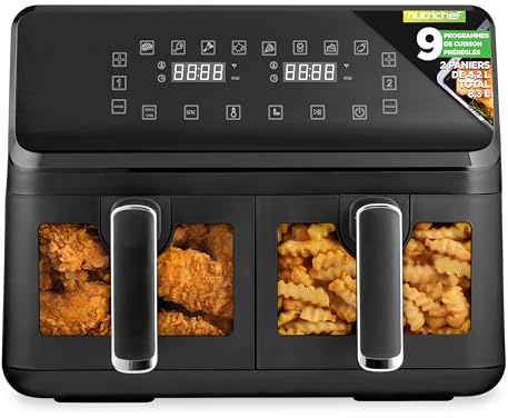 Nutrichef Double Basket Air Fryer 8.8 QT | Family Size Oil Free Airfryer with Transparent Window | 9-1 Preset Cooking Options | 360° Hot Air Circulation Technology | 4.4 QTs per Basket | Black