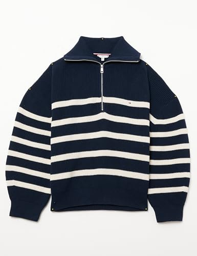 Tommy Hilfiger Donna Pullover con Zip Cardi Stitch 1/2 Zip Colletto Troyer, Multicolore (Desert Sky/Ivory Petal Stripe), 52
