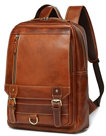 LANNSYNE Mochila vintage de piel auténtica para hombre, se adapta a portátiles de hasta 15 pulgadas, mochila de senderismo, Marrón, 38,1 cm Cuello, Vintage