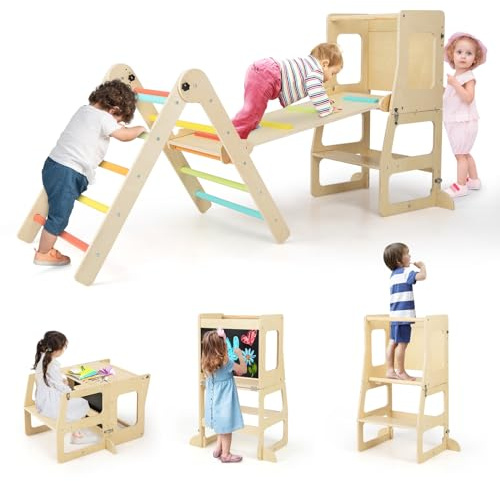 COSTWAY 7 en 1 Triángulo de Escalada de Madera para Niños con Rampa Reversible, Torre de Aprendizaje Plegable Montessori, Mesa y Silla Infantil, Pizarra Divertida, para Niños de 3-14 Años (Multicolor)