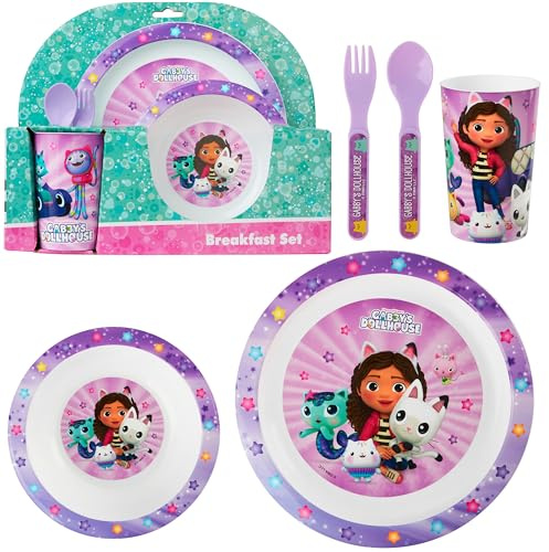 Get Trend Gabby's Dollhouse Set Vaisselle Enfant 5 Pièces, Assiette Bol Tasse Cuillère Fourchette Plastique Réutilisable, Sans BPA, Service de Table (Multi Gabby's Dollhouse)