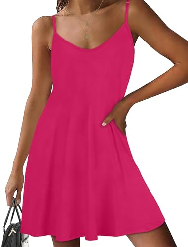 florynova Summer Dresses for Women Spaghetti Strap Sundress Casual Sleeveless Beach Dress with Pockets(Pink,L)