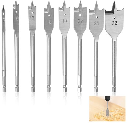 Juego de brocas para madera, 8 piezas, broca plana de pala profesional de 1/4 pulgadas, vástago hexagonal de cambio rápido, broca plana para madera contrachapada de madera, aglomerado, madera blanda,