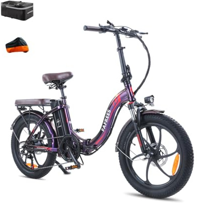Fafrees F20 PRO E-Bike - Bicicleta eléctrica plegable (20 pulgadas, motor de 250 W, batería de 36 V, 18 Ah, 20 x 3,0 pulgadas, 40 Nm (bolsa trasera + cubierta de coche, color morado)