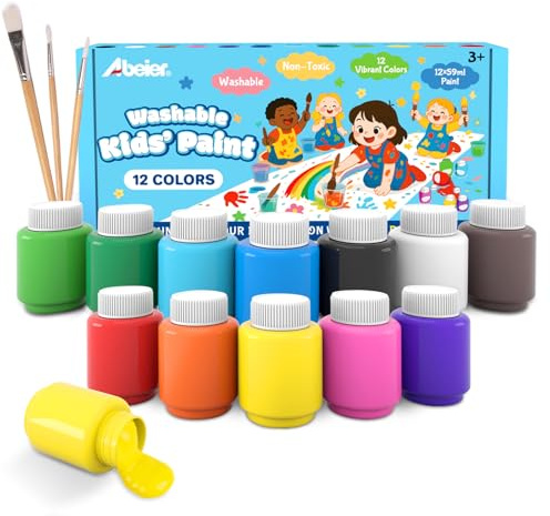 ABEIER Washable Paints for Kids,12 Assorted Colours 59ML Tempera Kids Paint Set,Easily Washable Non-Toxic Acrylic Paint for Posters, Arts and Projects