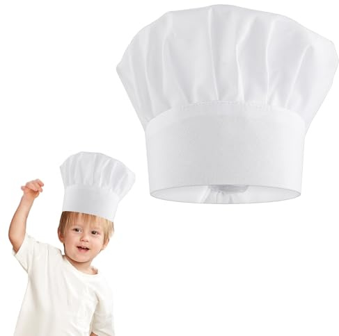 AONAYO Gorro de cocinero para niños, color blanco, gorro de cocina infantil, cierre de velcro, ajustable, elástico, para la cocina infantil, 3 – 10, para cocinar, gastronomía, casa