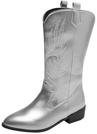Womens Cowboy Boots,Cowboy Boots Size 5 Knee High,Mid Calf Cowgirl Boot Embroidery Stitched Western Shoes Pu Leather Country Riding Western Wedding Shoes Silver