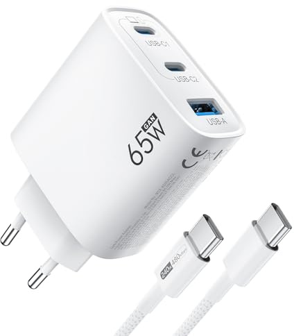 Chargeur USB C 65W 3-Ports GaN III Charge Rapide PD3.0 PPS, avec Câble 1.8M