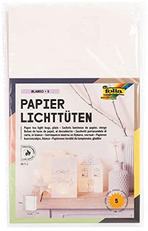 folia 11900 - Papier-Lichtertüten Blanko S, Tüten aus schwer entflammbarem Papier, 5 Stück je ca. 19 x 11,5 x 7 cm groß, stimmungsvolle Tischdekoration, für Gartenpartys, Geburtstage, Hochzeiten