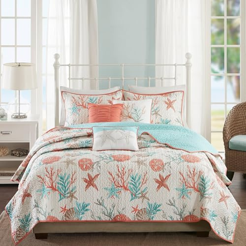 Madison Park Quilt Set Cottage Coastal Design, Starfish Print - All Season, Coverlet Bedspread Lightweight Bedding Layer, Shams, Toss Pillows, Full/Queen(90x90), Pebble Beach Coral 6 Piece