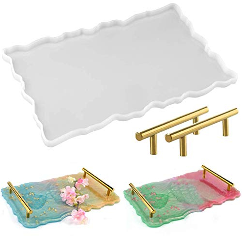 KKSJK Stampi per vassoi di Resina Irregolari, stampi per colata di Resina epossidica e 2 Manici Dorati, stampi per vassoi d'Arte in Resina di Silicone Premium per la Decorazione Domestica Fai da Te