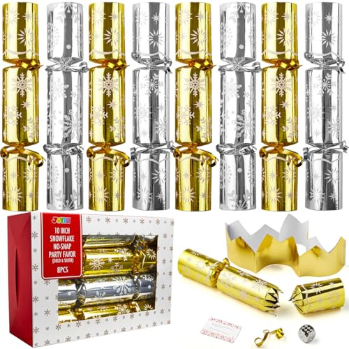 JOYIN 8 Pack Christmas No Snap Party Table Favor with Gold & Silver Snowflake Design, with Party Hat, Joke & Little Gift Inside, for Xmas Gift, Christmas Seasonal Holiday Dinner