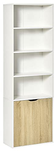 HOMCOM 6-Tier Tall Bookcase, Bookshelf with 4 Open Shelves and Double Door Storage Cabinet, Freestanding Display Rack for Living Room, Bedroom, Home Office, Study, 59 x 29 x 180cm, White and Oak