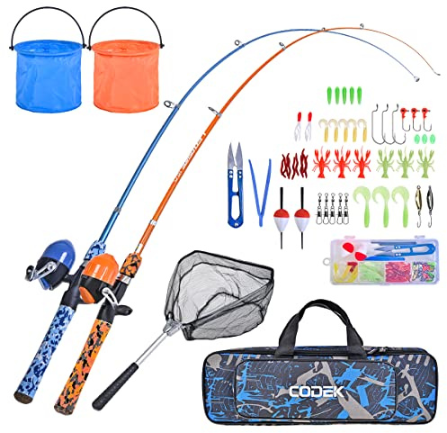 CODEK Kids Fishing Pole Set with Full Starter Kits 2 Set Portable Telescopic Fishing Rod and Spincast Reel Cambos with a Fishing Net and 2 Buckets for Boys Girls and Youth (Blue+Orange)