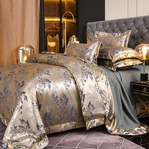 DXHOME Satén 220 x 240 Juego de Ropa de cama Dorada Azul Jacquard Suave Brillante Fundas nórdicas Microfibra Barroco Ropa de cama con cremallera y 2 Fundas de cojín 80 x 80cm