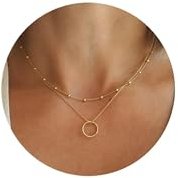 FUNEIA Kette Gold Damen Layered Halskette 14k Vergoldet Kette mit Anhänger Rundem Plättchen Choker Doppelkette Multilayer Zarte Wasserfester Hypoallergene Goldene Ketten Modeschmuck Für Frauen Mädchen