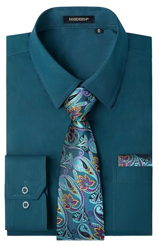 HISDERN Camicie Verde Acqua Uomo con Cravatte Classico Elegante Camicie Manica Lunga Matrimonio Casual Regular Fit L