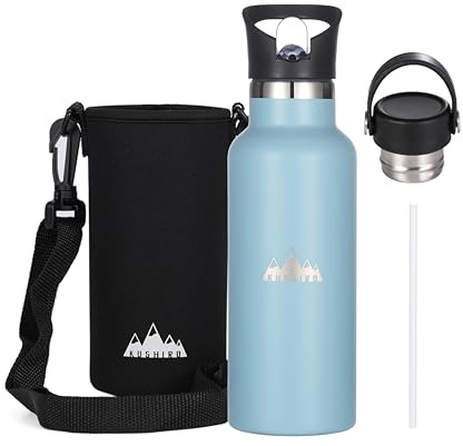 Kushiro Stainless Steel Water Bottle with Bag, Straw Lid, Reusable Vacuum Insulated Metal Drinks Flask, Thermal Insulated Bottle for Travel, Gym, Sports, Outdoors, Work, School - 500ml (Blue)