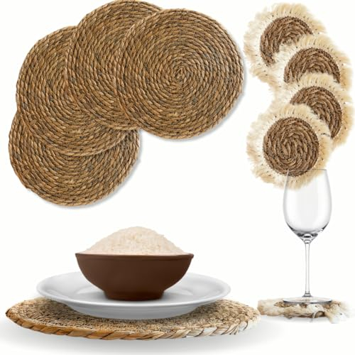 Tovagliette Sottopiatto Rotonde 32cm in Rattan - 4 Tovagliette + 4 Sotto Bicchieri - Set Tavola (Rattan, Tovagliette + Sottobicchieri) - Ideale per Tavola Pasqua