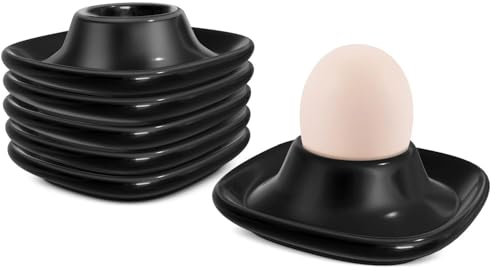 Flexzion Egg Cups for Soft Boiled Eggs - Set of 6 Ceramic Egg Holder - Stackable Egg Coddler Cups with Base for Serving, Breakfast, Brunch - Kitchen Table Decor, Black