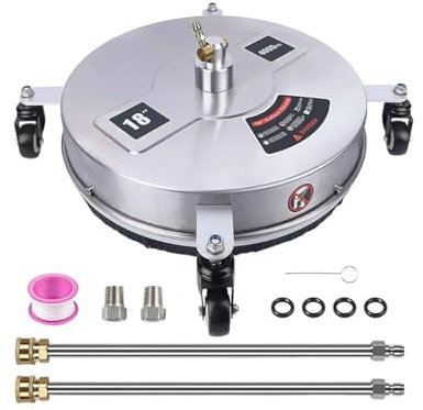 18 Pressure Washer Surface Cleaner w/Wheels, Stainless Steel Concrete Cleaner 4000 Max PSI, 1/4 Quick-Connect Connector w/ 2 Extension Wand, Heavy Duty Power Washer For Floor Driveway, Patio