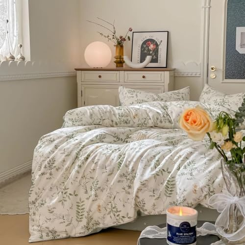 Covebett Bettwäsche Baumwolle 135x200 Grün Blätter Blumen Klein Geblümt Muster Bettbezug Set Aesthetic Botanisch Blumenwiese Blumenmuster Deckenbezug Reißverschluss und Kissenbezug 80x80cm