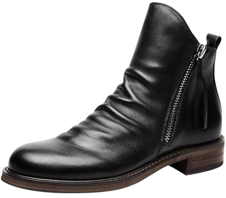 Stövletter män med dragkedja på sidan, High Top Slip On läderskor fritidsskor, enfärgade läderstövlar retro korta stövlar, halkfria arbetsskor kostymstövlar, svart, 45 EU