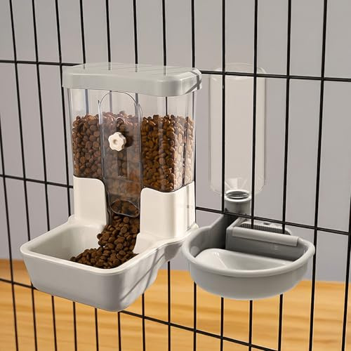 Automatic Pet Food Water Dispenser, Auto Gravity Pet Feeder Water Bottle Set for Crate, Feeding Station for Small Dog Cat Rabbit Guinea Pigs Chinchilla Ferret Hedgehog (Grey)