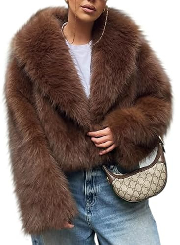 Arssm Women Fluffy Faux Fur Coat Long Sleeve Open-front Winter Cropped Coat Short Fur Fuzzy Jacket(Brown-S)