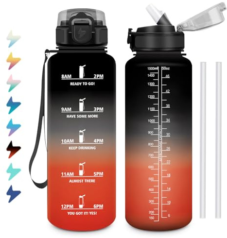 Borraccia Sportiva 1,5L, a Prova di Perdite, Facile da Aprire, Bottiglia Acqua Palestra con Indicatore del Tempo, Bottiglia con Cannuccia, Borraccia per Palestra, Corsa, Ufficio, Campeggio, Scuola
