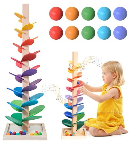 Weciau Árbol de la Música, Pista de Canicas de Madera Árbol de Sonido, Juguete Musical de Arco Iris con 10 Bolas de Arcoíris, 6 Niveles Coloridos, Juguete Montessori a Partir de 3 Años