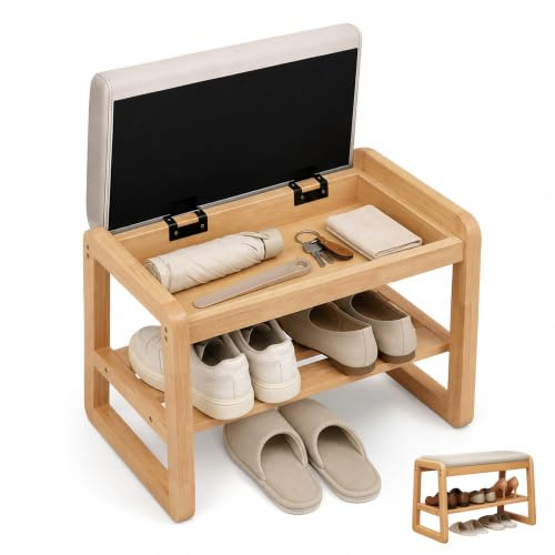 Schuhbank aus Massivholz, Sitzbank Flur mit Stauraum mit PU-Leder Sitzkissen, Moderne Eiche Optik Schuhregal Bank, 2 Ebenen Schuhschrank Schmal für Eingangsbereich & Garderobe (Eiche/Naturholz, 55cm)
