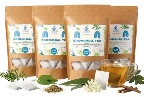 KUKER Bronchial Tea - Eucalyptus, Liquorice Blend & Elderflower Tea Bags - Cough Tea, Throat Comfort Broncho Herbs - 20 Tea Bags, 30g (4 Pack)