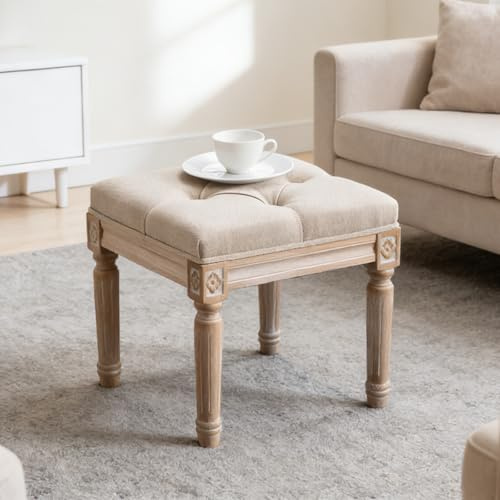 DM Furniture French Vintage Entry Bench Linen Fabric Foot Stool Small Ottoman Seat Vanity Chair with Wood Legs for Piano/Entryway Bedroom/Living Room/Hallway (Beige)