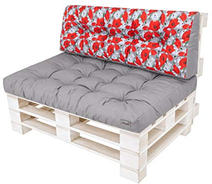Leo Coussin pour palette, extérieur, balancelle, banc de jardin, coussin rembourré pour palette, coussin de jardin – Argent et coquelicots – 120 x 80 cm + 120 x 40 cm