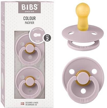 BIBS Colour Soother 2-Pack, BPA Free Dummy Pacifier, Round Nipple. Natural Rubber Latex, Made in Denmark, Size 2 (6-18 Months), Dusky Lilac