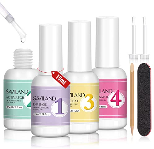 SAVILAND Dip Powder Liquid Set, 4 Pcs HEMA-Free with Base, Activator, Top Coat & Brush Saver, 15ml Each, No Curing Needed for Dip Powder Nails Home DIY & Salon Use
