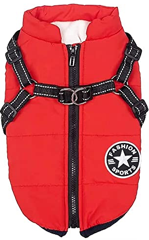 Voarge Hundejacke Winterweste Jacken, Hundemantel mit Geschirr für Kleine Hunde Hundemantel Wasserdicht Maschinen Waschbarer Reflektierender Streifen Design Haltbarer D-Ring (Rot, XL)