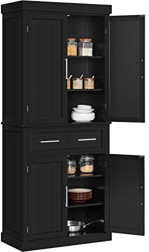 Yaheetech Kitchen Pantry Storage Cabinet with Drawer, Freestanding Pantry Cabinets with 2 Adjustable Shelves, 72.5 Tall Storage Cupboard for Kitchen/Dining Room/Bathroom/Hallway, Black