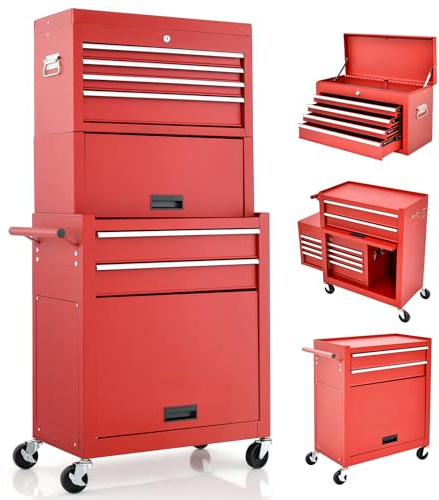 GiantexUK Tool Cabinet, 2 in 1 Lockable Metal Chest with Removable Top Wheels, 5/6 Drawers, Pegboard & Hooks, Heavy-duty Rolling Box Trolley (with Middle Toolbox, Red), 65 x 33 x 132cm