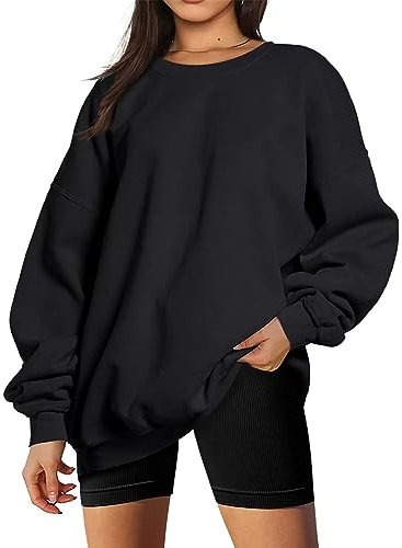 Timuspo Pullover Damen Oversized Langarm Fleece Rundhals Baumwolle Pullover Sweatshirt Herbst Winter Frauen Locker Oberteile Schwarz XXL