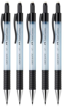 FABER-CASTELL 205205 – stiftpenna Grip Matic sky blue, 5 stycken, hårdhetsgrad B, stift 0,7 mm, inkl. radergummi | Blyertsstift med automatisk blymatning och integrerat suddgummi