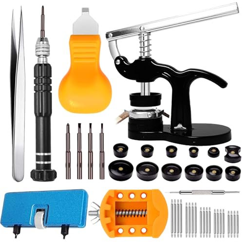 Uhrenpresse Werkzeug Set, GLDCAPA Uhrenreparaturset, Uhrengehäuseöffner, Uhrenbatterie Ersatz, Uhrenarmband-Ersatzwerkzeug, Uhrenreparaturschraubendreher, Uhrenrücken-Entferner-Halter, Federsteg