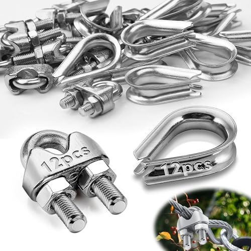 Mbsomnus 24 Piezas Abrazaderas de Cable de Acero Inoxidable M6-12 Piezas Perrillos Cable Acero y 12 Piezas Guardacabos Perrillo para Cable de Acero En U para Cable de Acero 6mm Cuerda