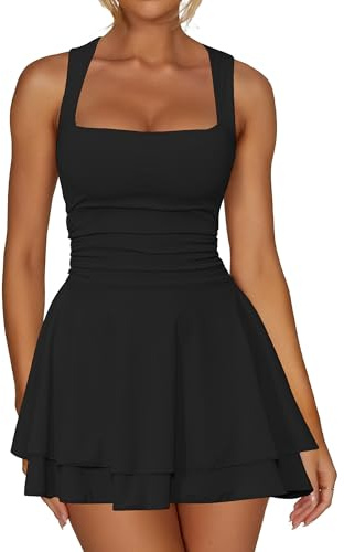 Kaximil Women's Square Neck Ruffle Hem Mini Dress Ruched Waist Short Party Dresses, Small, Black