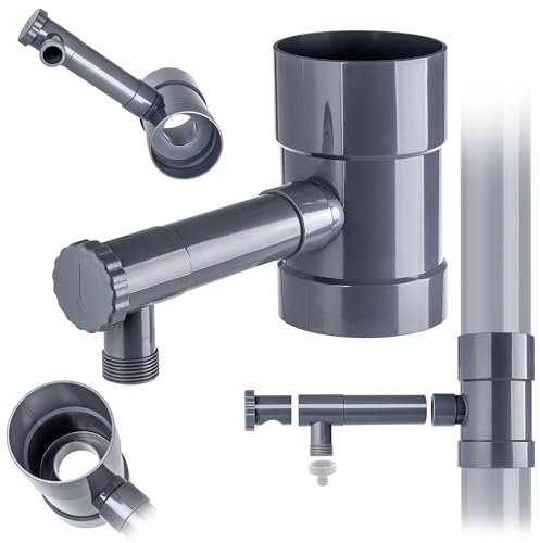 KADAX Collecteur d'eau de pluie 100 mm pour tuyau de descente, voleur de pluie avec valve intégrée, collecteur d'eau en plastique de qualité supérieure, gris