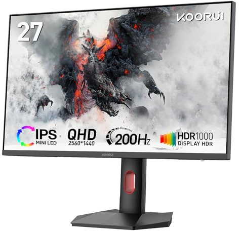 KOORUI S2721PM 27 Inch Gaming Monitor,200Hz, Mini-Led, QHD 1440P, 1ms, HDR 1000, Adaptive Sync, Lifting Adjustable, VESA Mountable, HDMI/DP, Low Blue Light, 99% SRGB